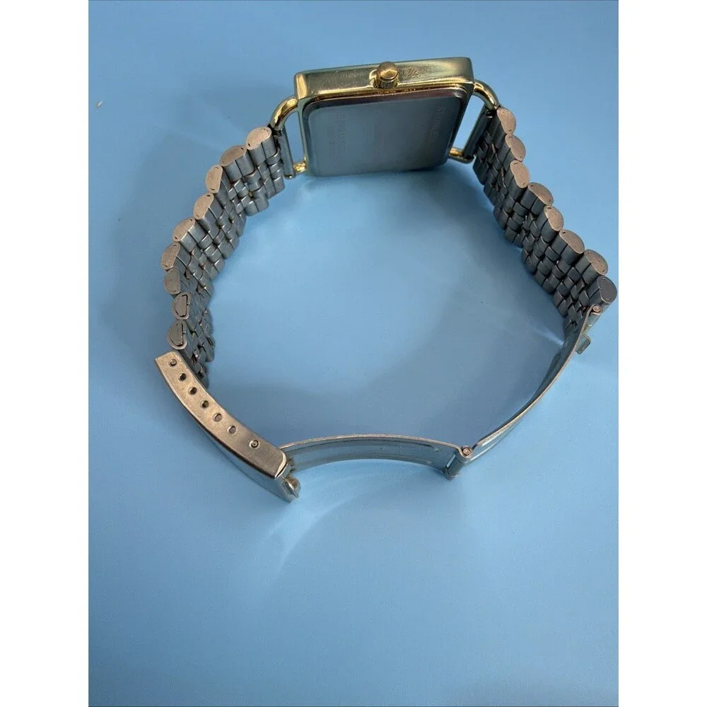 Gold Rectangular Watch Quartz JAPAN Movement Two Tone Band